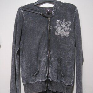 Forever 21 Women's Large Grey Acid-Wash Rhinestone Fidelity Rebel Hooded Jacket